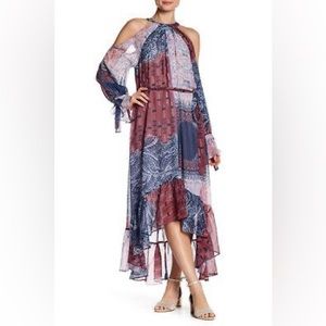 BCBG MAXAZRIA Saige Cold Shoulder Halter Dress XS Blue Silk Boho Hi Low Belt